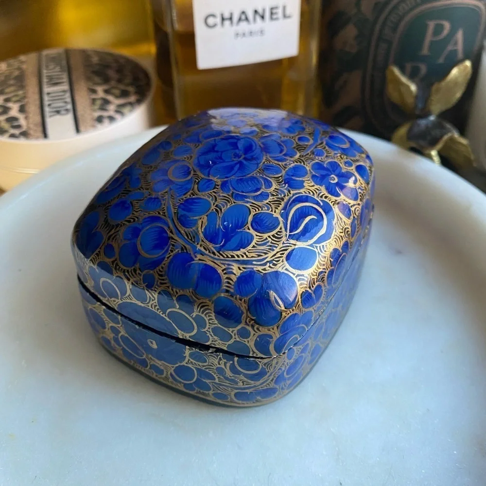 Vintage blue and gold handpainted lacquered trinket box